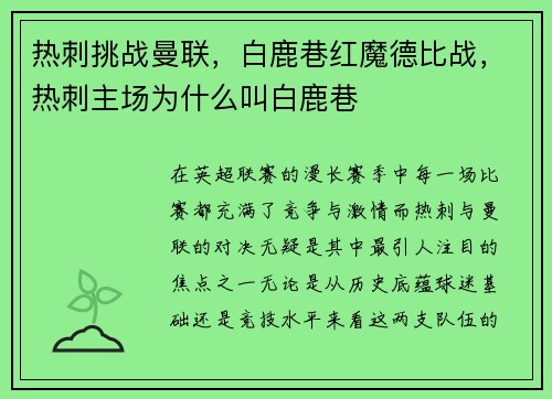 热刺挑战曼联，白鹿巷红魔德比战，热刺主场为什么叫白鹿巷