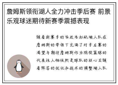 詹姆斯领衔湖人全力冲击季后赛 前景乐观球迷期待新赛季震撼表现