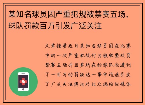 某知名球员因严重犯规被禁赛五场，球队罚款百万引发广泛关注