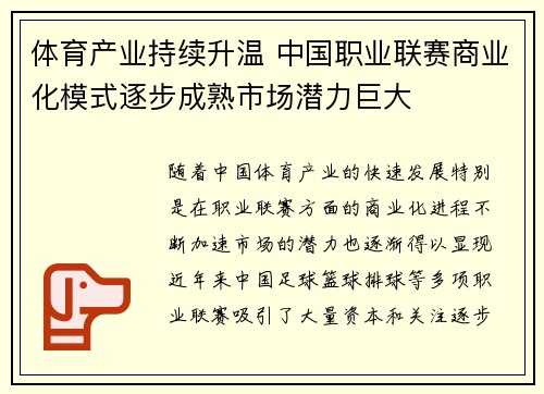 体育产业持续升温 中国职业联赛商业化模式逐步成熟市场潜力巨大